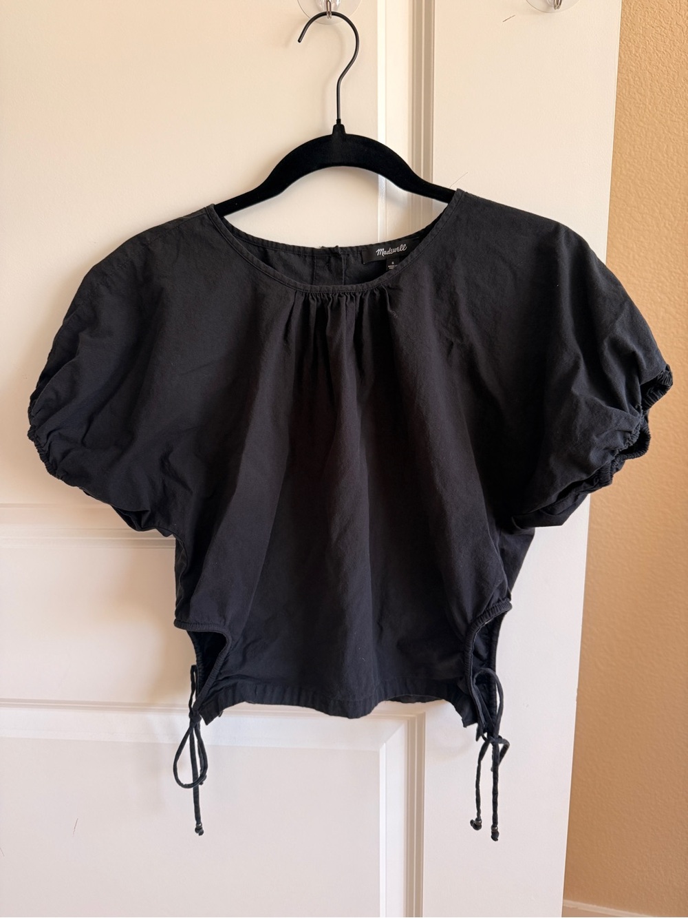 Madewell Poplin Side-Tie Puff-Sleeve Top Black Small